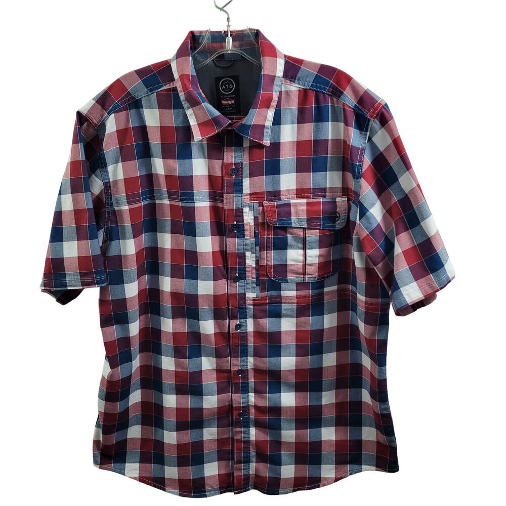 Wrangler All Terrain Gear Men's Red Plaid Button Front Shirt Size L 12224-0636